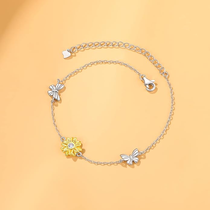 SNZM Bracelets for Women-925 Sterling Silver Sunflower Bracelet Chain Adjustable Heart Charm Link Birthday Sunflower Jewelry Gifts for Women/Daughter/Girlfriend