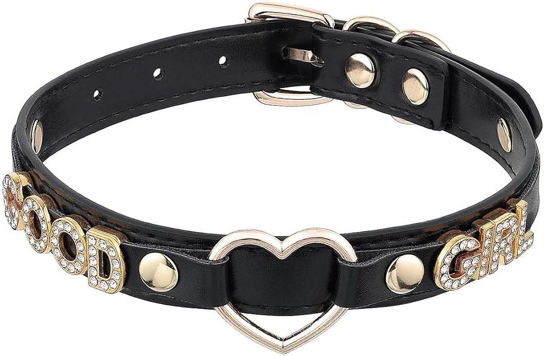 Handmade Gold Heart O-Ring Letter Choker Necklace for Women, Adjustable PU Leather Black/Pink Choker Collar For Women, Goth Choker Collars Necklace