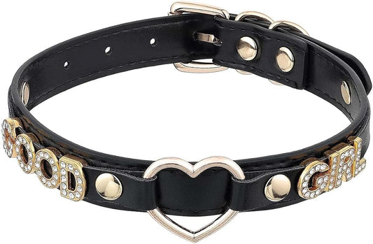 Handmade Gold Heart O-Ring Letter Choker Necklace for Women, Adjustable PU Leather Black/Pink Choker Collar For Women, Goth Choker Collars Necklace