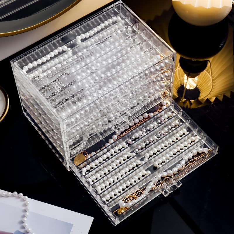 CLUQMEIK Necklace Box Tray with 5 Clear Drawers, Dustproof Necklaces Holder Storage Display Case, Necklace Tray Drawer for Pendant Suitable for Women and Girls (Transparent) - color: Clear-5layer