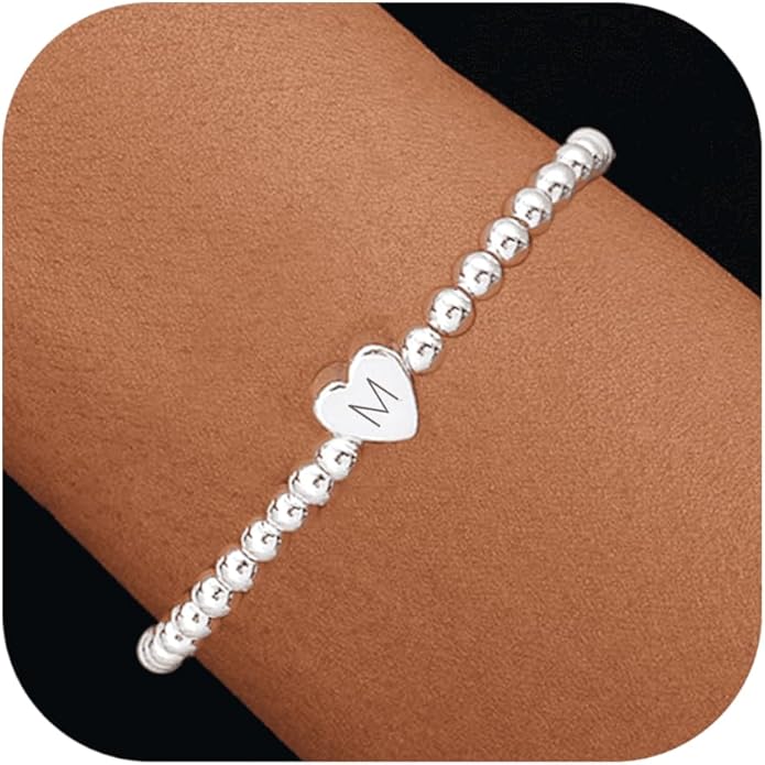 Valentines Day Gifts for Women Her - Dainty Beaded Heart Initial Bracelets Letter A-Z Charm Stretch Bead Ball Bracelet Trendy Jewelry Gifts