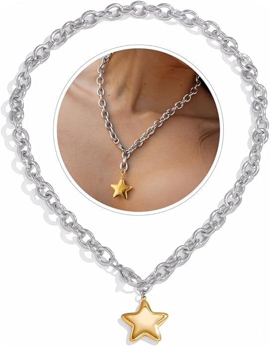 Chunky Gold Necklace with Star Pendant for Women,18K Gold Plated Stainless Steel Sweatproof Non Tarnish Hypoallergenic Chain,Trendy Chunky Necklaces for Women,Star Necklace Fashion Statement Jewelry