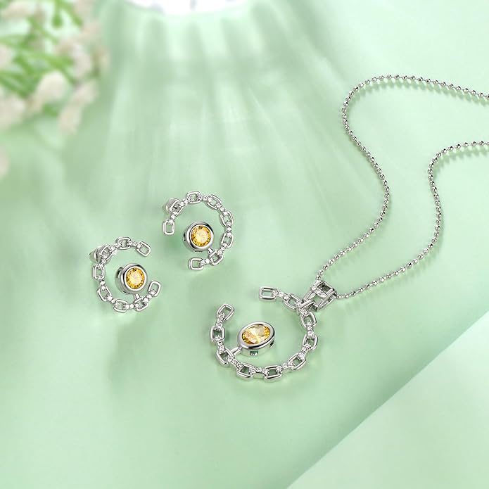 Elegant C-Shaped Crystal Necklaces/Stud Earrings Set with Birthstone Jewelry Set Silver Plated Fashion Jewelry for Women CS0003