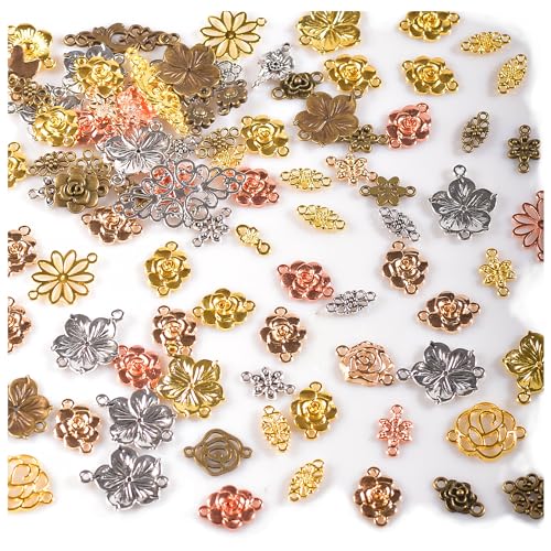 stino 100g Metal Pendant Charms for Jewelry Making, Bulk Silver & Gold Plated Charms for Braclet Necklace Crafts, Animal Plant Flower Pet and so on - color: Flower-2 Hole Mixed Color