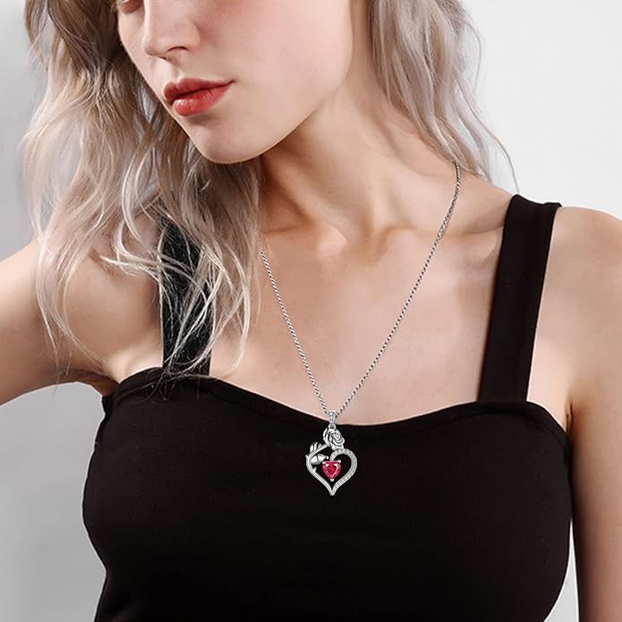 Jewmon Valentine Day Gifts for Her Rose Heart Birthstone Necklace for Women 925 Sterling Silver Birth Stone Flower Rose Necklace Anniversary Love GIfts for Girlfriend Wife Mom Birthday Gifts for Her