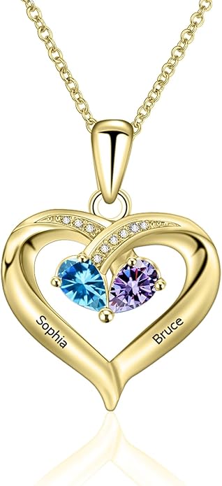 MissNaNa Sterling Silver Personalized 2 Names Heart Necklace with 2 Birthstone Couple I Love You Heart Pendant Necklace Jewelry Gift for Her Wife Girlfriend Mom