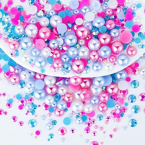 60g Mix Flatback Pearls and Rhinestones, 2mm-10mm Jelly Rhinestones and Half Pearls for Tumblers Shoes Nails Face Art, Pearl Rhinestone Mix for Bedazzling, White|Blue|Pinks - color: Cotton Candy Blend | Mix White | Blue | Pinks