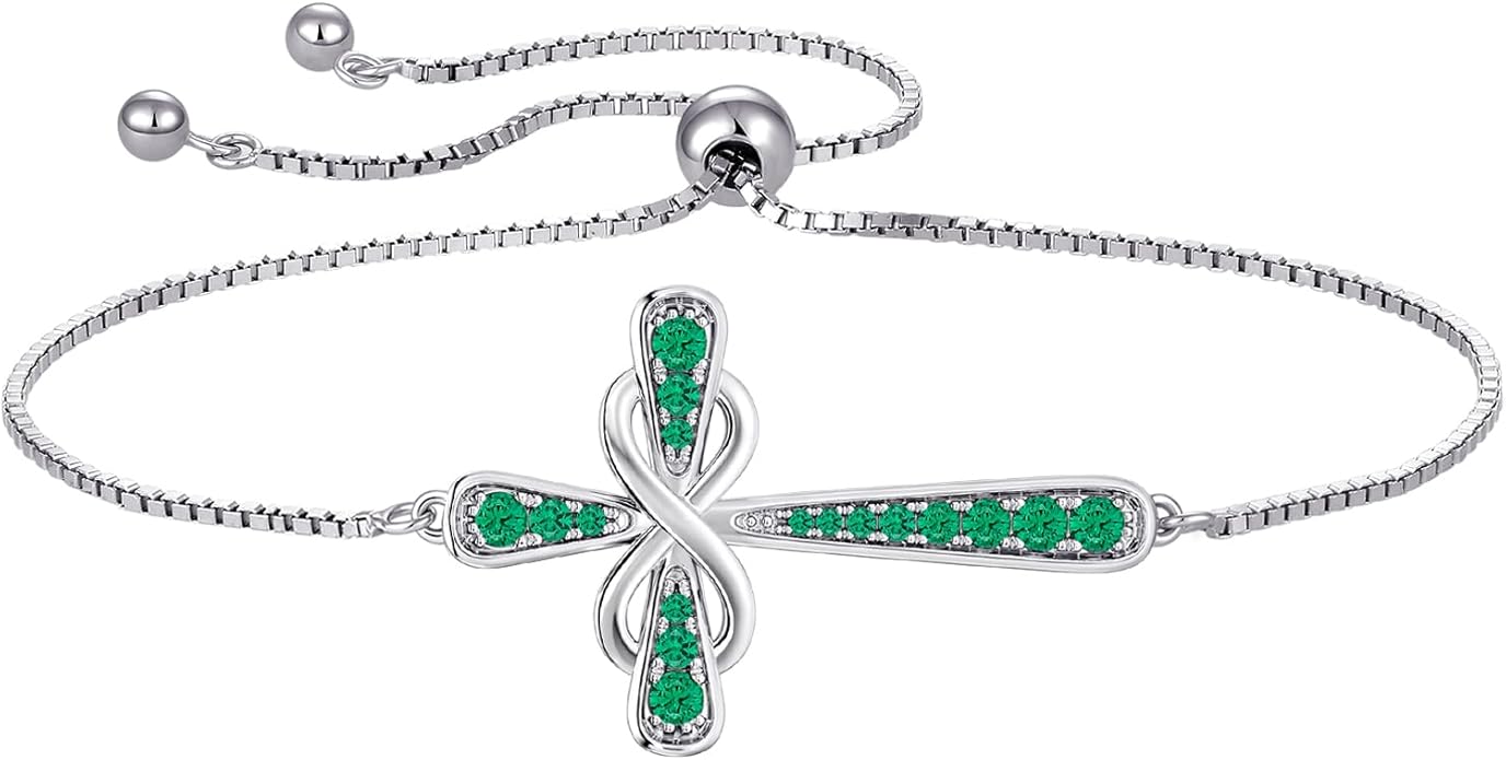 YL Cross Bracelet 925 Sterling Silver Infinity Sideways Link Bracelet Birthstone Jewelry for Women