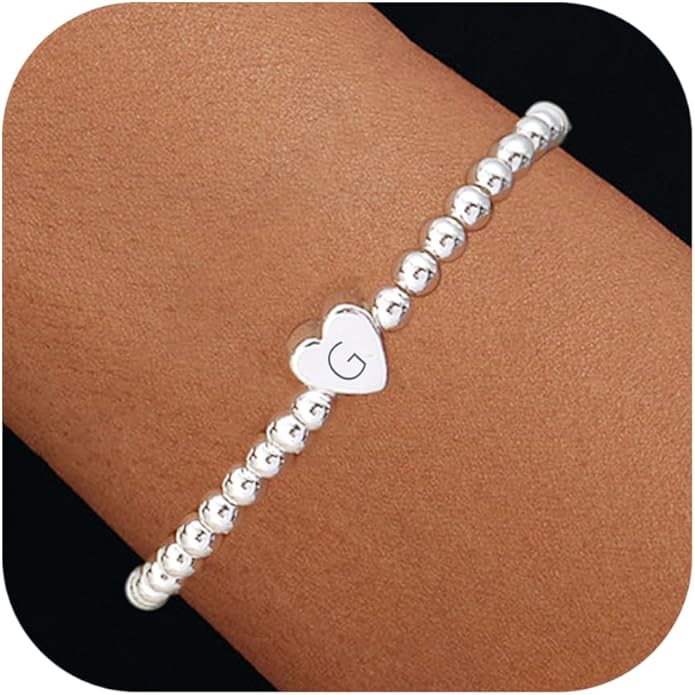 Valentines Day Gifts for Women Her - Dainty Beaded Heart Initial Bracelets Letter A-Z Charm Stretch Bead Ball Bracelet Trendy Jewelry Gifts