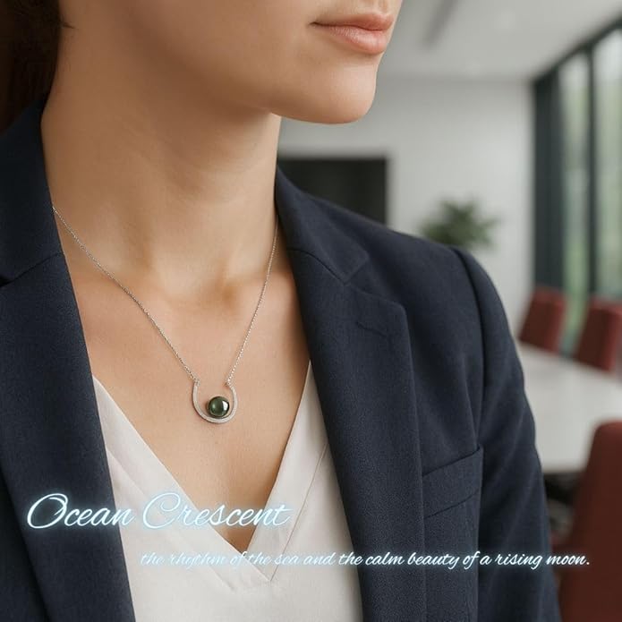 Lunar Belle 925 Silver Tahitian Black Pearl Pendant Necklace with Moissanite Halo, Gift for Wife Mother's Day Anniversary (Ocean Crescent)