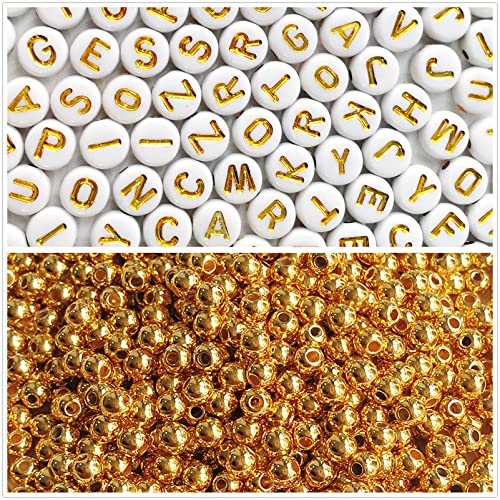Amaney 2000pcs Letter and Gold Spacer Beads Kit for DIY Bracelet Necklace Craft Jewelry Making - color: Gold on White