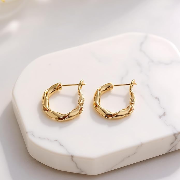 14k Gold Plated Hoop Earrings for Women, 925 Sterling Silver Posts Thick Twist Hypoallergenic Chunky Large Earrings 20mm 30mm 40mm 50mm