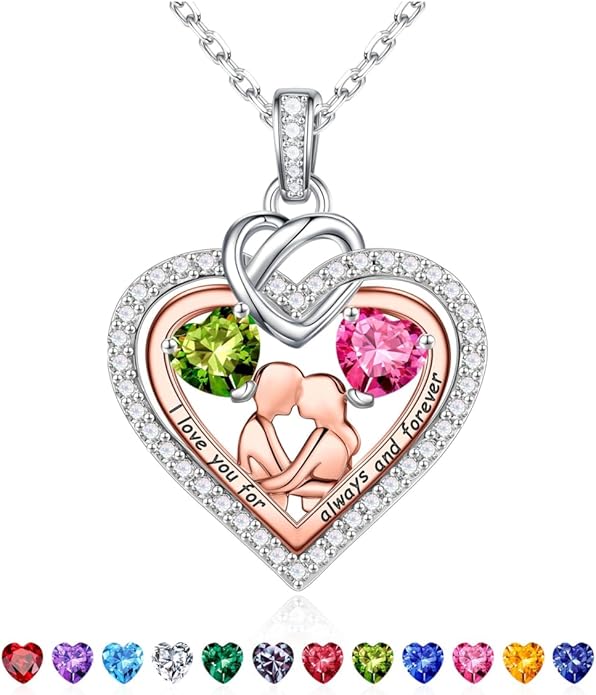 Iefil Valentines Day Gifts for Her - 925 Sterling Silver Double Heart Birthstone Necklace for Women, Anniversary Birthday Gifts for Wife I Love You Gift Couple Sitting Hugging Each Other Jewelry Gift