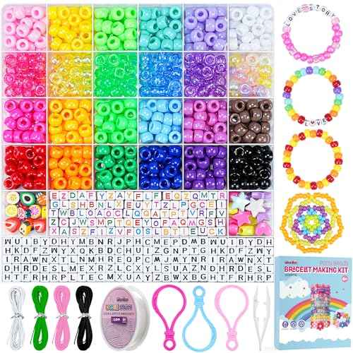 Gionlion 1000PCS Pony Beads Bulk Bracelet Making Kit, 24 Colors Kandi Beads for Bracelets and Jewelry Making, Letter Beads and Charms for DIY Hair Braiding, Craft and Gift for Girls