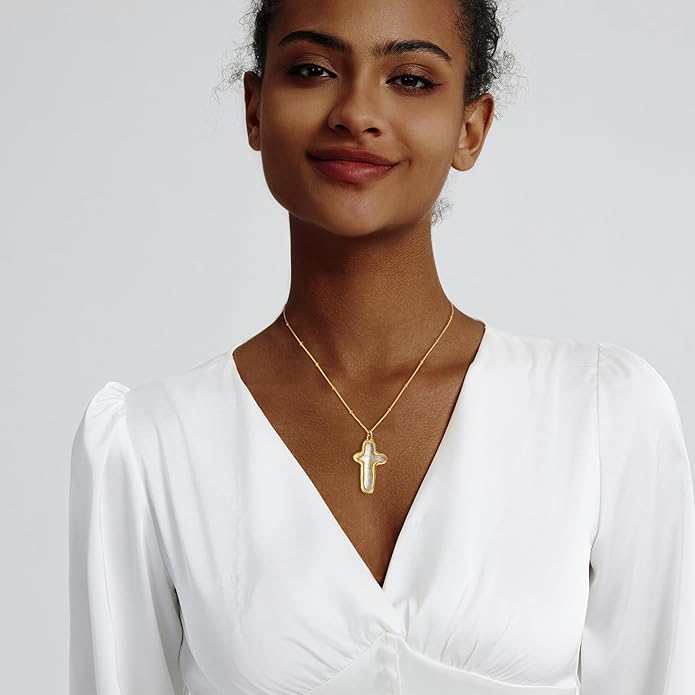 Zeffy 14K Gold/Silver Plated Chunky Thick Chain Toggle Clasp Necklace Dainty Baroque Pearl/Heart/Cross/Turquoise Pendant Necklace