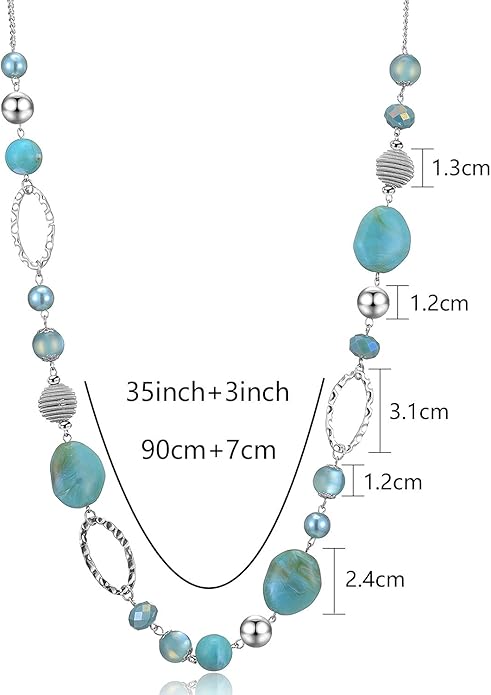 BULINLIN Beaded Long Necklace for Women Silver Sweater Chain Necklace with Crystal Resin Beads, Fashion Jewelry Necklace