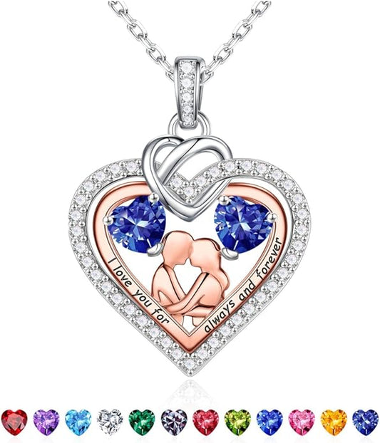 Iefil Valentines Day Gifts for Her - 925 Sterling Silver Double Heart Birthstone Necklace for Women, Anniversary Birthday Gifts for Wife I Love You Gift Couple Sitting Hugging Each Other Jewelry Gift