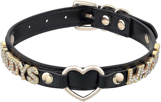 Handmade Gold Heart O-Ring Letter Choker Necklace for Women, Adjustable PU Leather Black/Pink Choker Collar For Women, Goth Choker Collars Necklace