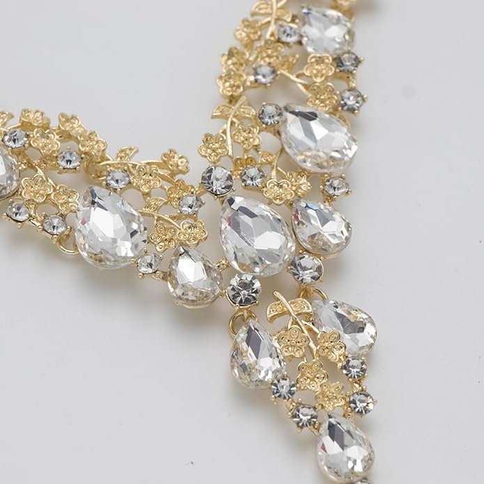 Bridal Bridesmaid Austrian Crystal Jewelry Set, Floarl rhinestone Statement Neckace Teardrop Necklace Drop Dangle Earrings Set