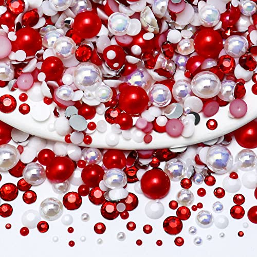 60g Mix Pearls and Rhinestones, 2mm-10mm Flatback Jelly Rhinestones and Half Pearls for Crafts Shoes Tumblers Nails Face Art, with Picker Pen, Red|White - color: Candy Cane Blend | Mix Red | White