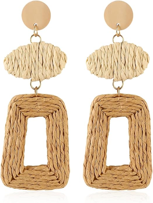 Handmade Raffia Hoop Earrings Statement Tropical Bohemian Straw Dangle Earrings Natural Rattan Vacation Style Round Earrings for Women Summer Beach Party Essential Jewelry