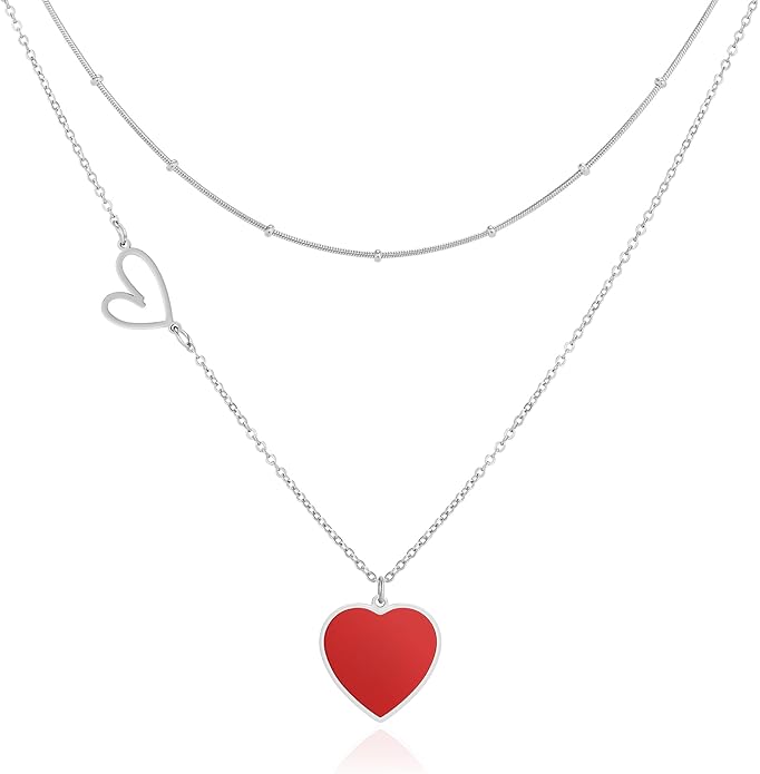 Linawe Layered Choker Heart Pendant Necklace for Women Trendy, Gold/Silver/Rose Gold Chain Stainless Steel Stacked Necklaces, Double Heart Necklace Y2K Preppy Jewelry