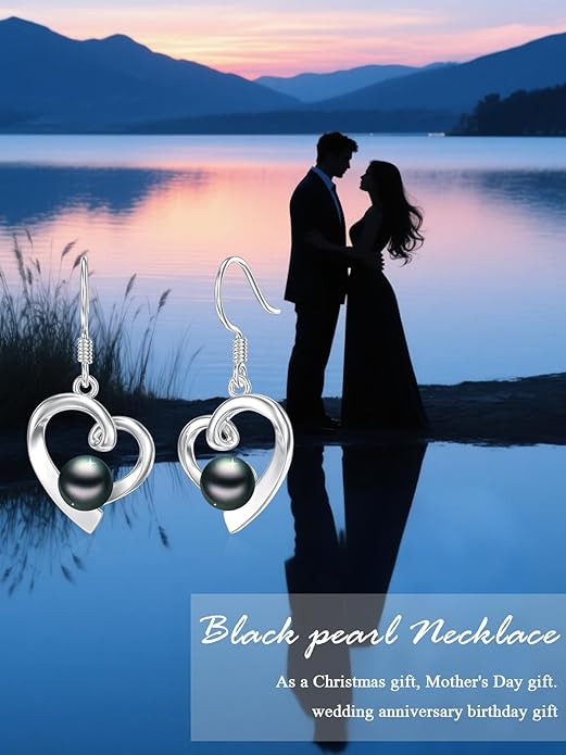 Tahitian Black Pearl Earrings Gifts for Women Wife Celtic Dangle Drop Earrings Wedding Birthday Anniversary Jewelry Valentines Christmas Day Gifts 925 Sterling Silver