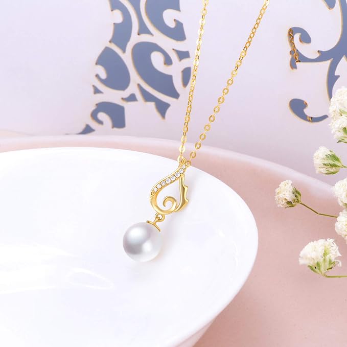 14k Gold Diamond Pearl Necklace and Earrings Jewelry Set