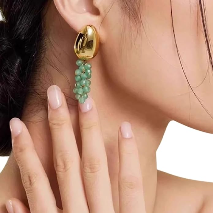 DISTANT DRUMS Simple Natural Green Aventurine Stone Jewelry Set for Women,Hoop Earrings,Bracelet,Necklace,18K Gold-plated Spiritual Gift,Fortunate Stone Jewelry,Choker
