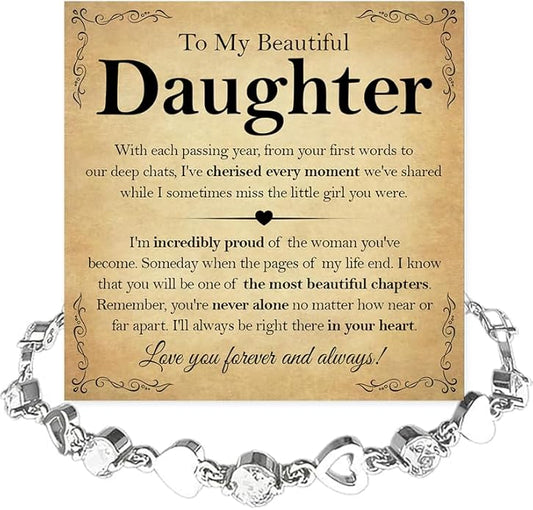 To My Daughter Bracelet, Silver Heart Chain Bracelet with Shiny Stones, Perfect Birthday or Graduation Christmas Gift for Daughter with Message Card and Gift Box