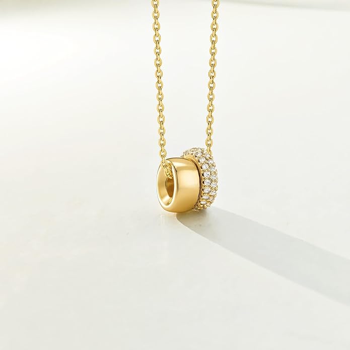 OGD Layered CZ Rondelle Pendant Necklaces for Women, 14K Gold Plated Trendy Mariner Chain Dainty Circle Rondelle Pendant Choker Necklace for Women Two-Toned Cubic Zirconia Gold Necklace
