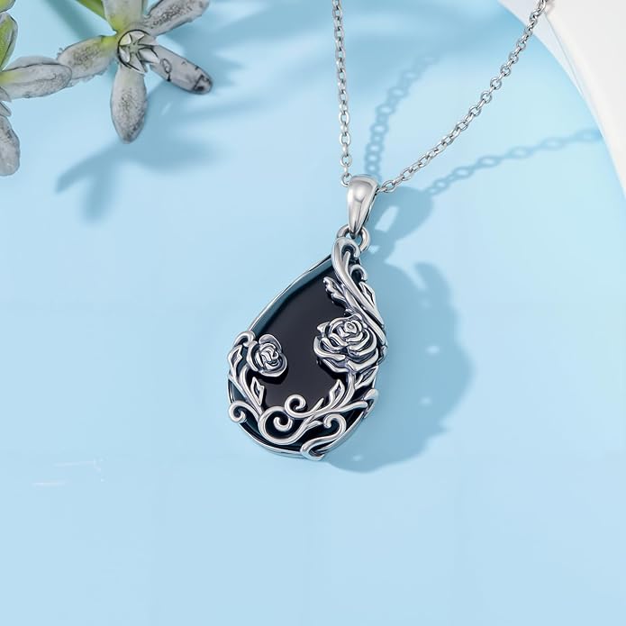 Black Onyx Necklace 925 Sterling Silver Flower Insect Pendant Teardrop Onyx Jewelry Valentines Day Birthday Gifts for Women