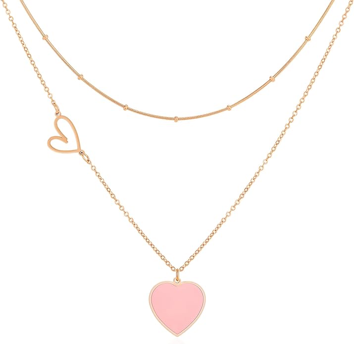 Linawe Layered Choker Heart Pendant Necklace for Women Trendy, Gold/Silver/Rose Gold Chain Stainless Steel Stacked Necklaces, Double Heart Necklace Y2K Preppy Jewelry