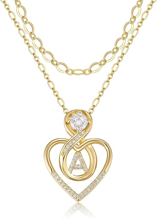 Heart Letter Necklaces for Women 14K Gold Plated Cubic Zirconia Heart Initial Layered Necklace Infinity Pendant Necklace Letter Initial Jewelry for Women