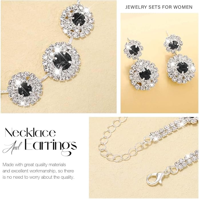 Unicra Bridal Wedding Jewelry Set Silver Rhinestone Necklace Earrings Sets Formal Costume Jewelry for Women and Brides