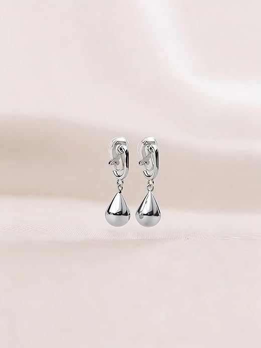 FAN&LOUIS Sliver Teardrop Clip On Earrings for Women，Non-Pierced Trendy Statement Dangle Water Drop Women's Hypoallergenic Clip-On Earrings