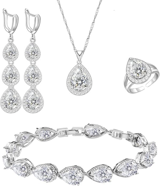 LMXXVJ Necklace Long Earrings Bracelet Set, White Gold Plated Created Blue Sapphire Jewelry Set Wedding Party Gift Jewelry for Women Bridal Bridesmaid
