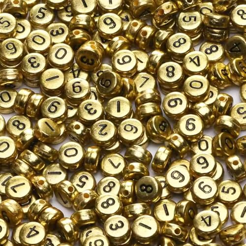 1000pcs Acrylic Number Beads 0-9 Round Number Beads 4x7mm Mixed Number Beads for Jewelry Making and DIY Bracelets, Necklaces, Key Chains (Gold) - color: Gold