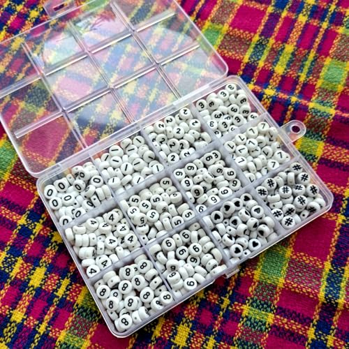 Amaney 600pcs White Acrylic Number Beads 0-9 Symbol # Heart with Storage Box 7x4mm - color: WhiteBoxed, size: 7x4mm