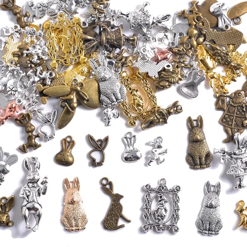 stino 100g Metal Pendant Charms for Jewelry Making, Bulk Silver & Gold Plated Charms for Braclet Necklace Crafts, Animal Plant Flower Pet and so on - color: Rabbit Silver & Bronze