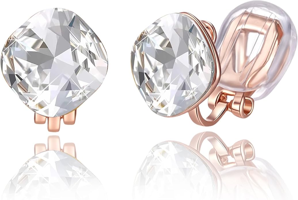 EVEVIC Austrian Crystal Square Cilp On Earrings for Women 14K Gold Plated Non Pierced for Sensitive Ears Jewelry Gifts for Anniversary
