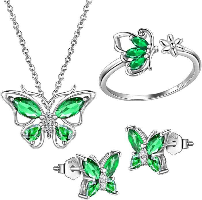 925 Sterling Silver Birthstone Butterfly Jewelry Women Crystal Animal Cute Butterflies Birthday Necklace/Earring/Ring/Bracelet Sets Birth Stone Statement Anniversary Jewellery