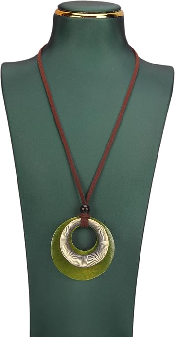 Boho Leather Necklace Women Bohemian Brown Circle Pendant Necklace Choker Long Necklaces for Women Boho Ring Large Pendant
