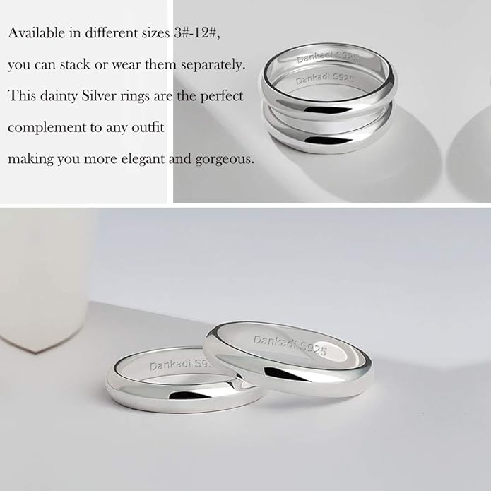 Dankadi Simple Fashion S925 Sterling Silver Ring Smooth Plain Dome Comfort Solid Silver Wedding Ring For Men & Women 3.5 mm 3-13# 24k Real Gold Plated Jewelry