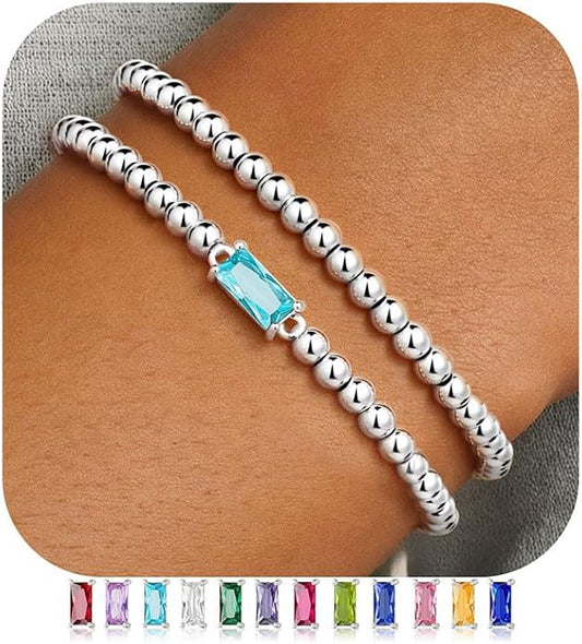 Ursteel Valentines Gifts for Her Kids Girls, Elastic Birthstone Bracelet for Women 14K-Gold-Plated Beaded Bracelet Non Tarnish Trendy Birthstone Jewelry Birthday Gifts for Women