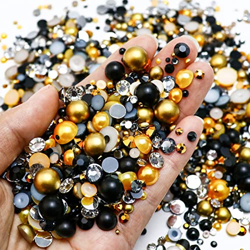 60g Mix Flatback Pearls and Rhinestone, 2mm-10mm Mix Rhinestones and Pearls for Crafts Tumblers Shoes Nails Face Art, with Picker Pen, Black|Gold|Yellow - color: Brown Sugar Blend | Mix Black | Gold | Yellow