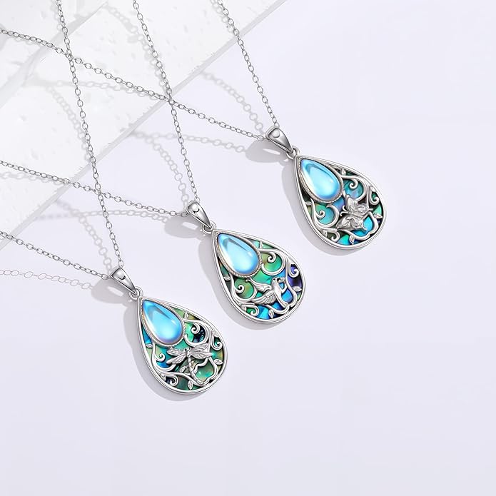 Black Onyx Necklace 925 Sterling Silver Flower Insect Pendant Teardrop Onyx Jewelry Valentines Day Birthday Gifts for Women