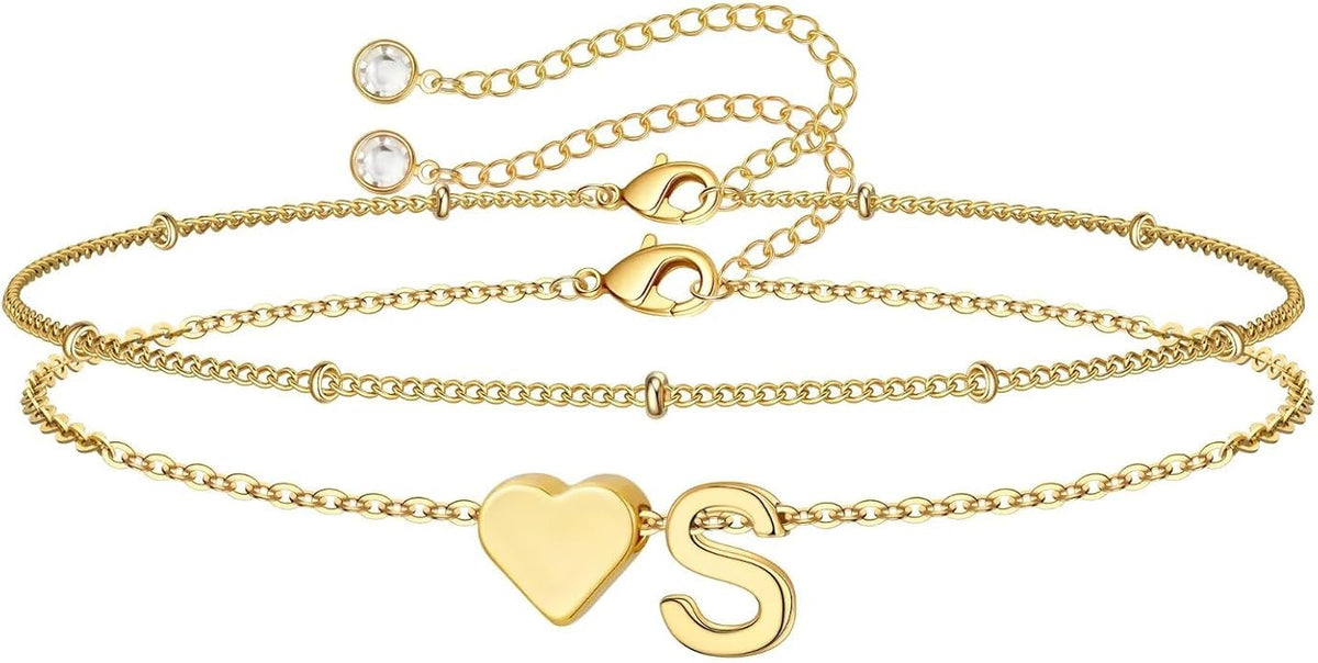 M MOOHAM Valentines Day Gifts for Kids Teen Girls -14K-Gold-Plated Heart Initial A-Z Bracelets for Women Girl Dainty Gold Bracelets Birthday Valentines Gifts for Women Her Teenage Girls Kid Teen Gift
