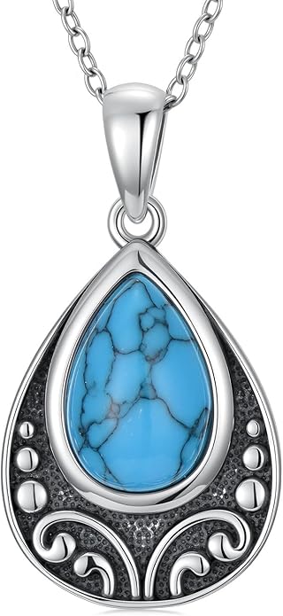 Natural Turquoise Necklace, 925 Sterling Silver Teardrop Pendant, Dainty Blue Gemstone Boho Jewelry Gift for Women