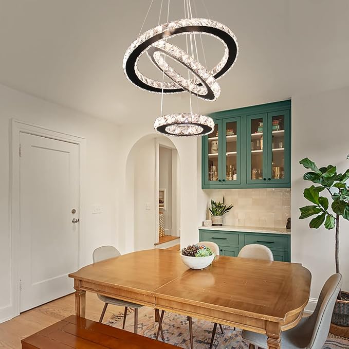 Dimmable Black Modern LED Crystal Chandeliers 3 Rings Pendant Light Adjustable Height Ceiling Lamp for Dinning Room Bedroom Living Room (Dimmable)